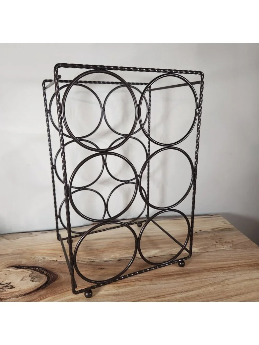New 6 wine rack, oil‎ rubbed bronze twisted metal detail circular feet bnib